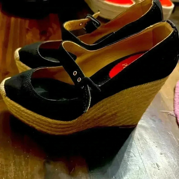 CHRISTIAN LOUBOUTIN Mallorca Canvas Espadrille Wedges 38 8 Black Mary-Jane - Picture 4 of 5